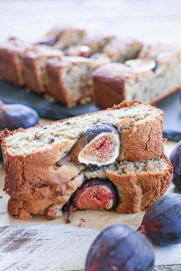 two slices of paleo almond fig quickbread