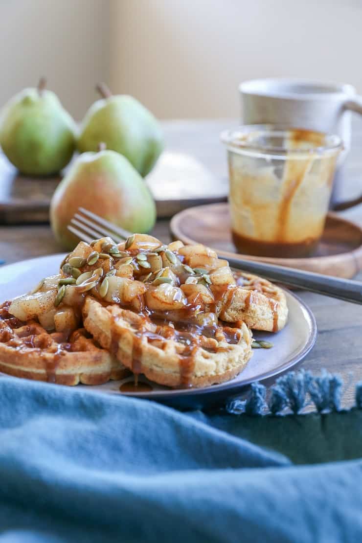 Paleo Pumpkin Waffles with Caramelized Pears - grain-free, dairy-free, refined sugar-free and healthy, these waffles are a real treat!