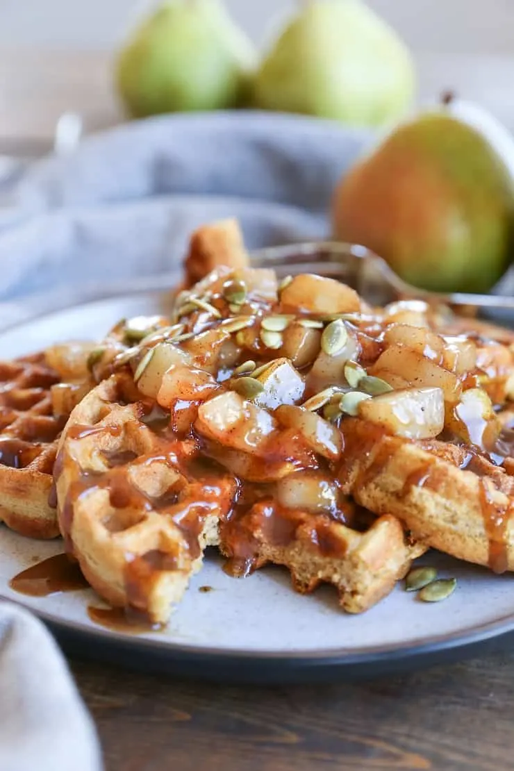 Paleo Pumpkin Waffles with Caramelized Pears - grain-free, dairy-free, refined sugar-free and healthy, these waffles are a real treat!