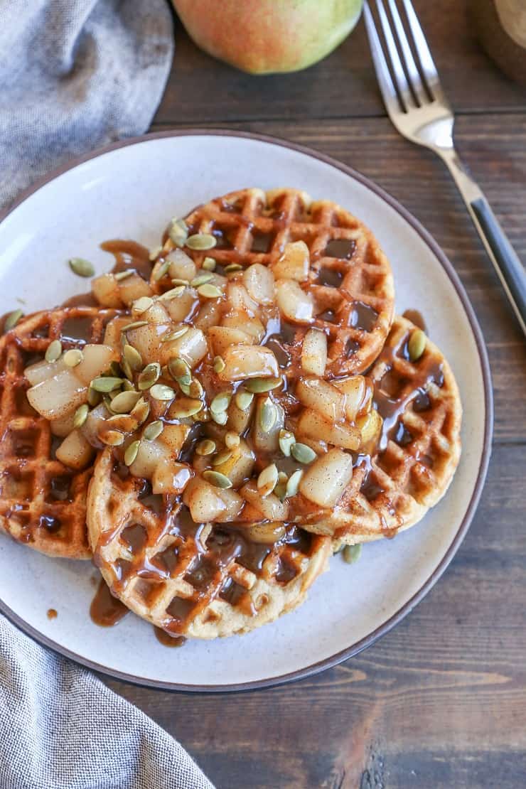 Paleo Pumpkin Waffles with Caramelized Pears - grain-free, dairy-free, refined sugar-free and healthy, these waffles are nutritious and delicious!