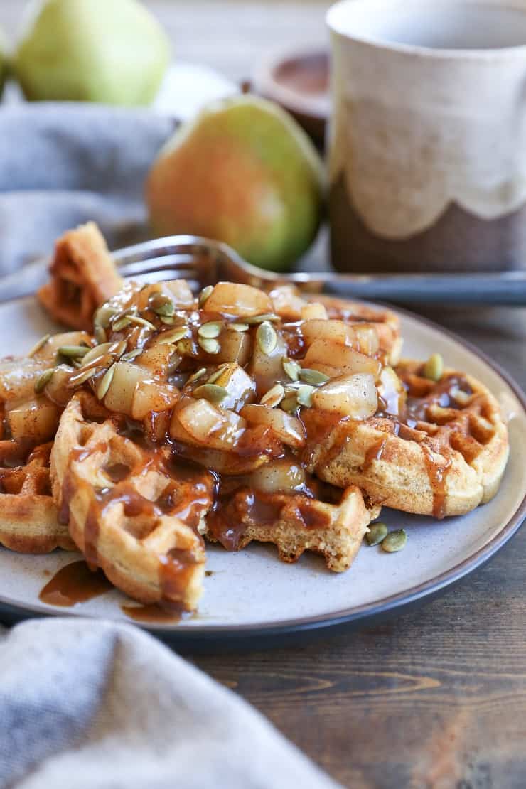 Paleo Pumkin Waffles with Maple-Spiced Caramelized Pears - a grain-free, refined sugar-free, dairy-free recipe for pumpkin waffles that happens to be healthy!