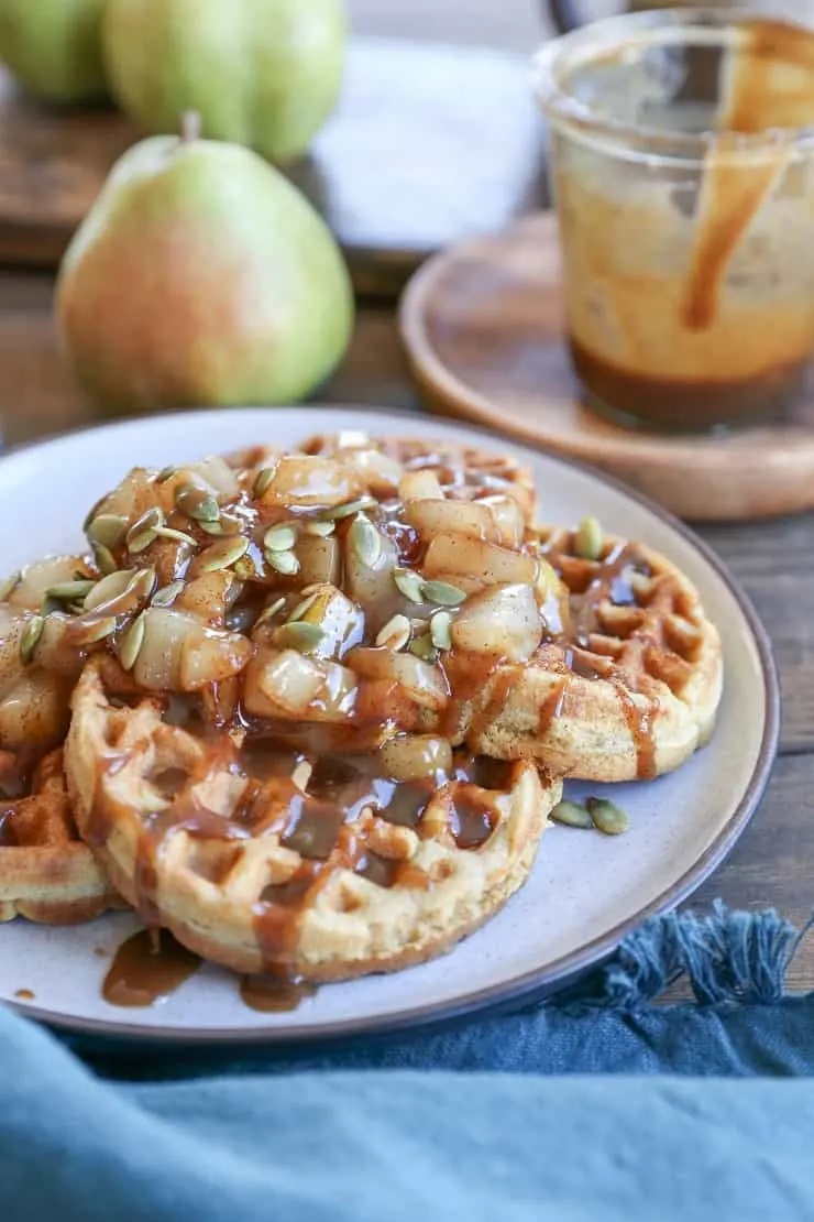 Paleo Pumpkin Waffles with Maple Cinnamon Spiced Caramelized Pears - a nutritious breakfast that is grain-free, sugar-free, and dairy-free