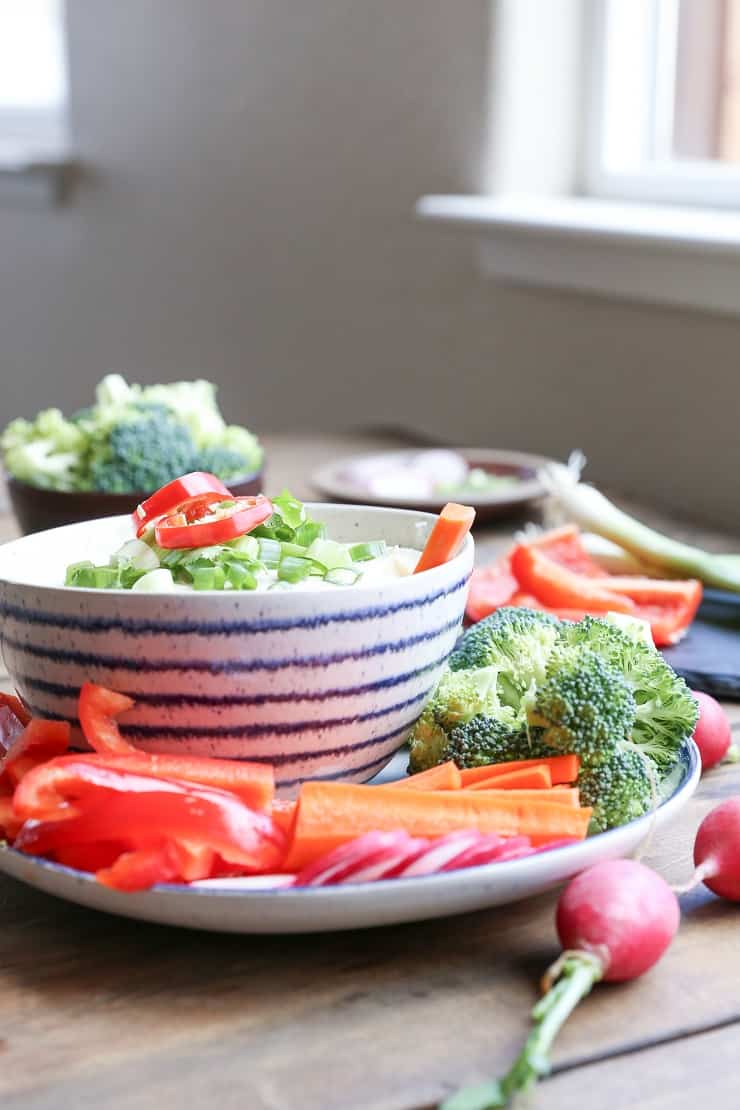 Paleo Sour Cream & Onion Dip - a luscious dip for chips and raw vegetables that's dairy-free, vegan, and paleo friendly. A healthier take on the classic dip!