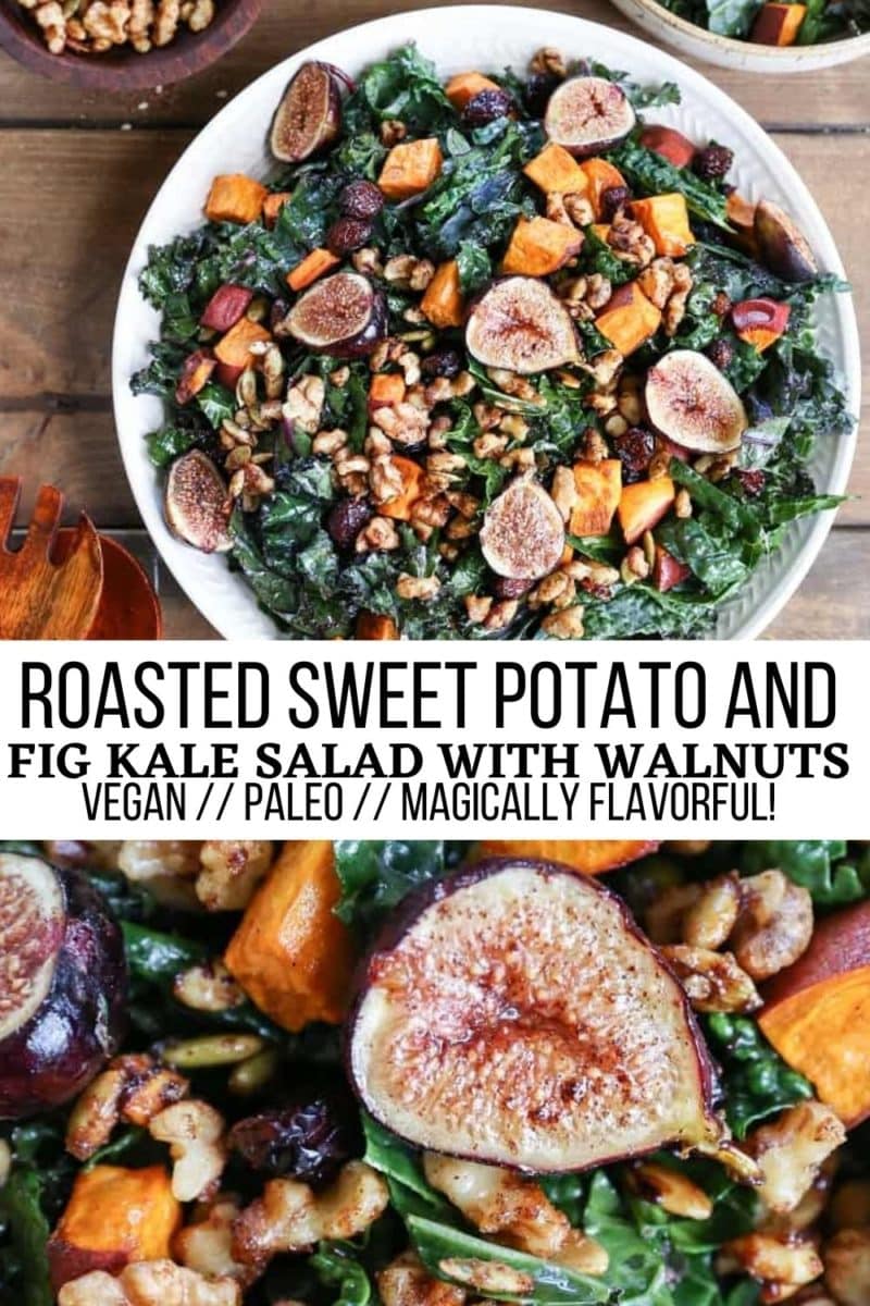 Roasted Sweet Potato and Fig Kale Salad with maple-toasted walnuts, dried cranberries, and maple-cinnamon cider vinaigrette - a healthy vegan salad recipe perfect for fall and winter