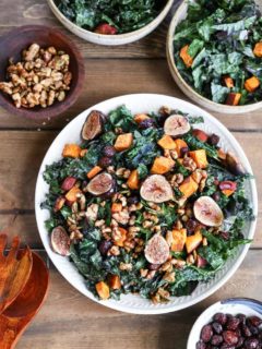 Roasted Sweet Potato and Fig Kale Salad with maple-toasted walnuts, dried cranberries, and cider vinaigrette - a healthful superfood salad that can be enjoyed as an entree or a side dish!