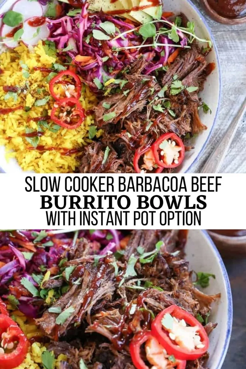 These Barbacoa Beef Burrito Bowls include slow cooked barbacoa beef with turmeric rice, cabbage slaw, and a homemade maple barbecue sauce. These filling bowls are paleo-friendly and packed with fresh, delicious ingredients.