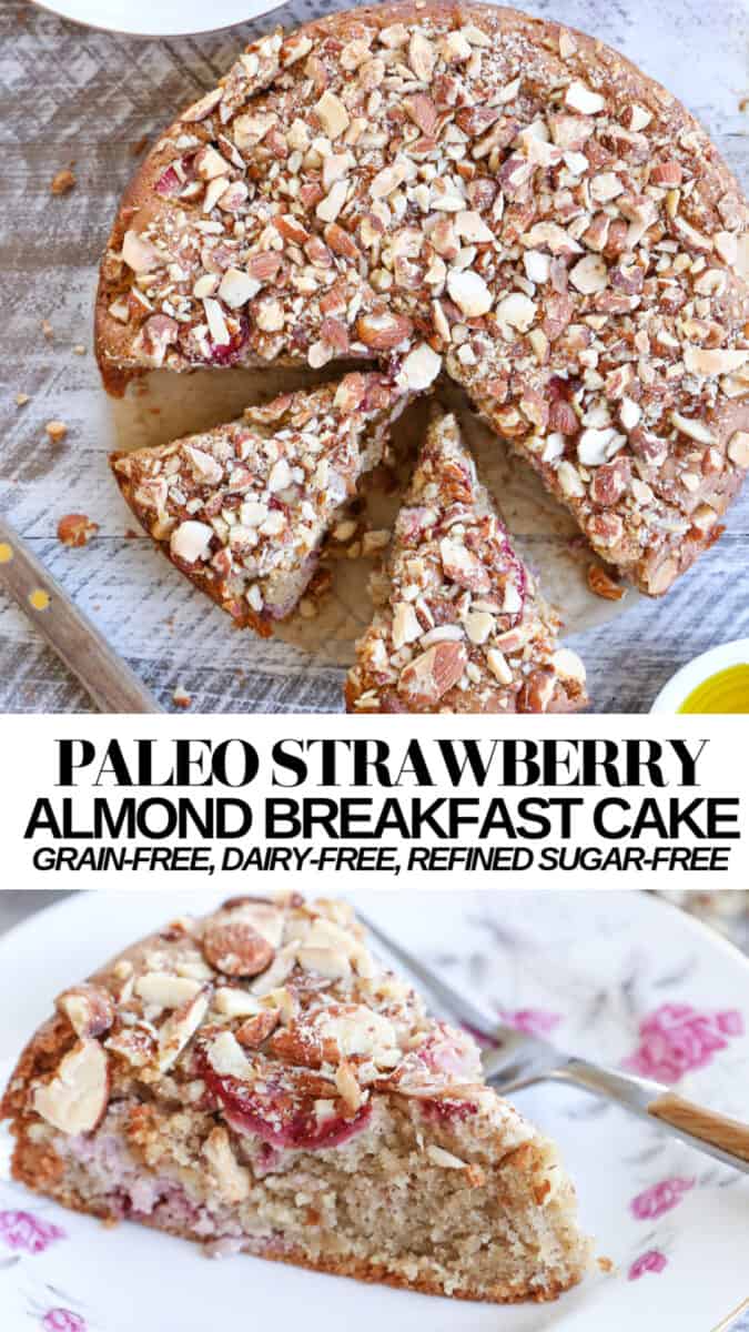 Paleo Strawberry Breakfast Cake made with almond flour and pure maple syrup for a grain-free, refined sugar-free dairy-free healthy cake recipe!