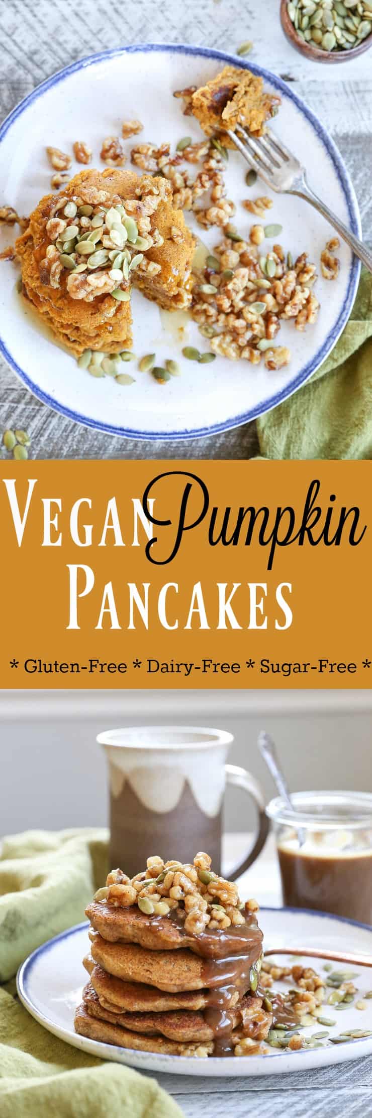 Vegan Pumpkin Pancakes with Maple-Toasted Walnuts and Pumpkin Seeds. You'd never know these pancakes are gluten-free and vegan!