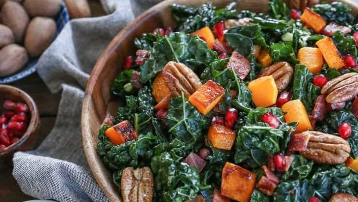 Roasted Butternut Squash Kale Salad with Pecans and Orange Vinaigrette - a perfect holiday side dish or entree this fall and winter
