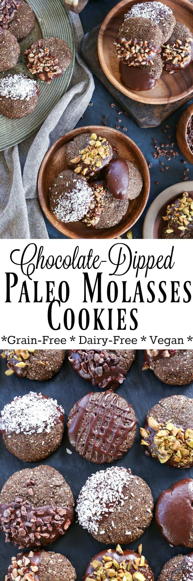 Chocolate-Dipped Molasses Cookies - paleo, vegan, grain-free, refined sugar-free, and healthy! The perfect Christmas cookie