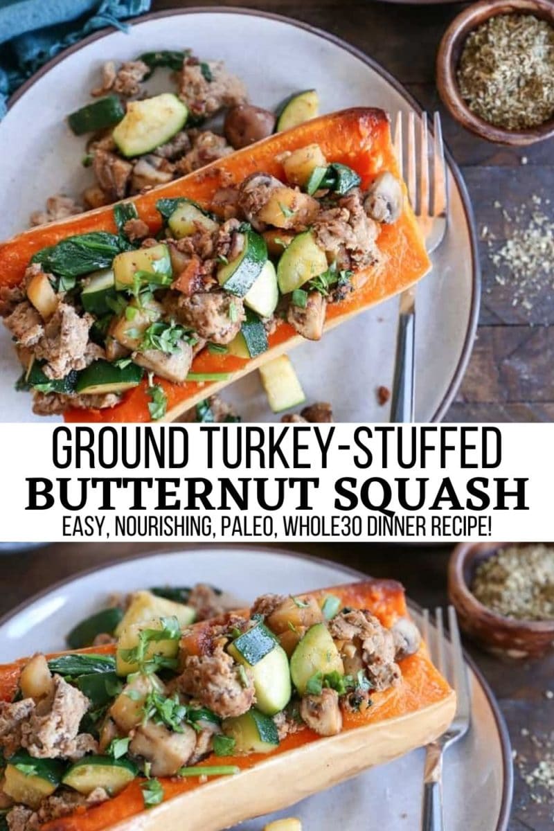Ground Turkey Stuffed Butternut Squash with onion, spinach, zucchini and more! A nutritious dinner recipe that is paleo and whole30.