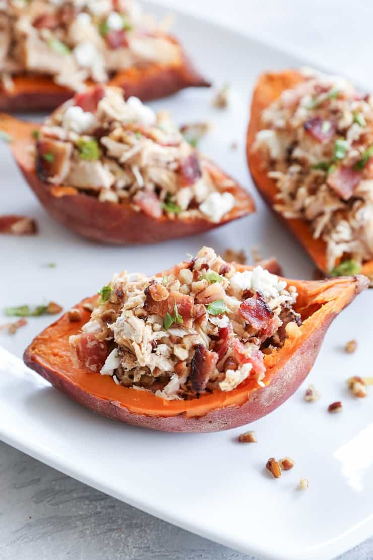 Loaded Sweet Potato Skins with Pecans, Chicken, Bacon, and Goat Cheese - a healthier take on the classic appetizer