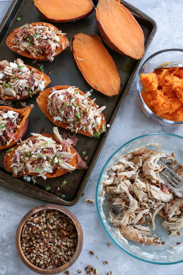 Loaded Sweet Potato Skins with Pecans, Chicken, Bacon, and Goat Cheese - a healthier take on the classic appetizer