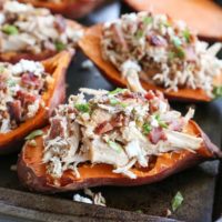 Loaded Sweet Potato Skins with Pecans, Chicken, Bacon, and Goat Cheese - a healthier take on the classic appetizer