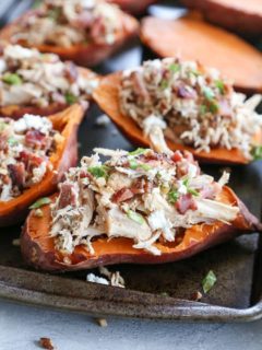 Loaded Sweet Potato Skins with Pecans, Chicken, Bacon, and Goat Cheese - a healthier take on the classic appetizer