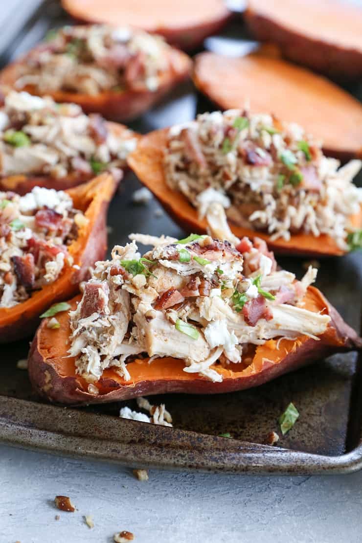 Loaded Sweet Potato Skins with Pecans, Chicken, Bacon, and Goat Cheese - a healthier take on the classic appetizer