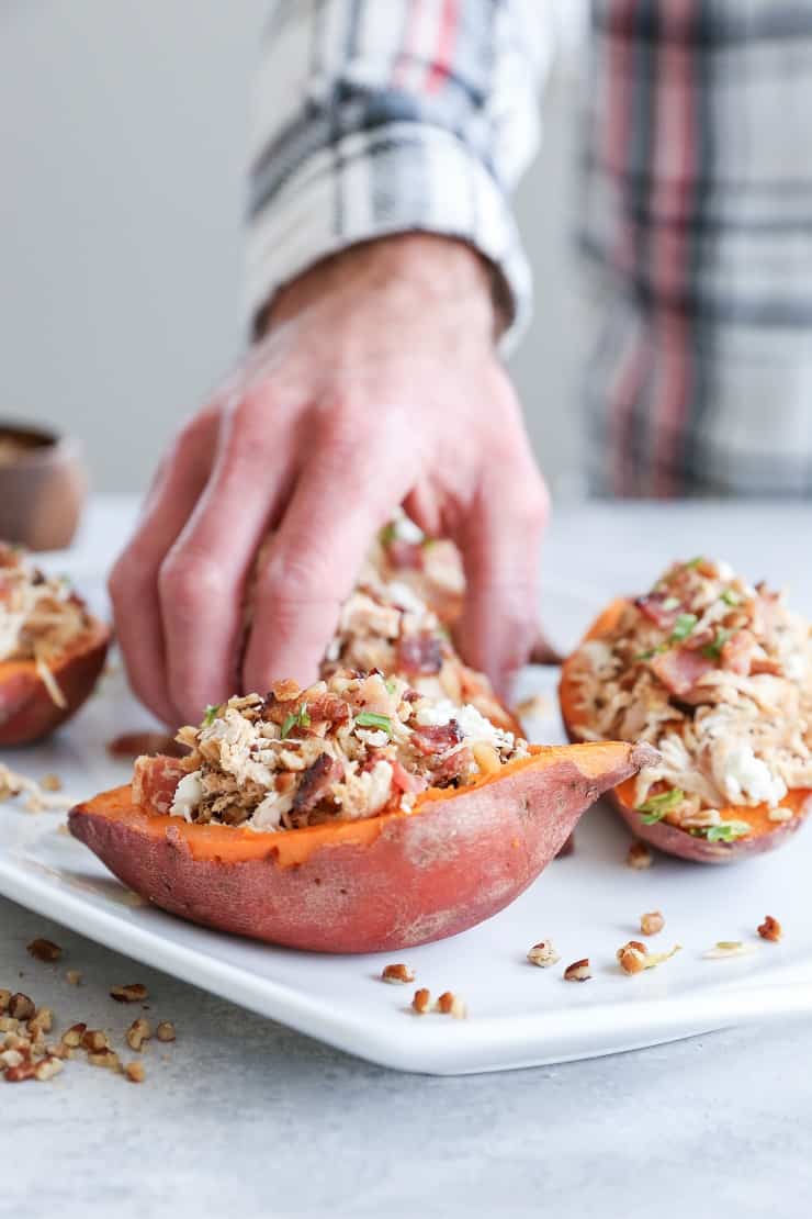 Loaded Sweet Potato Skins with Pecans, Chicken, Bacon, and Goat Cheese - a healthier take on the classic appetizer