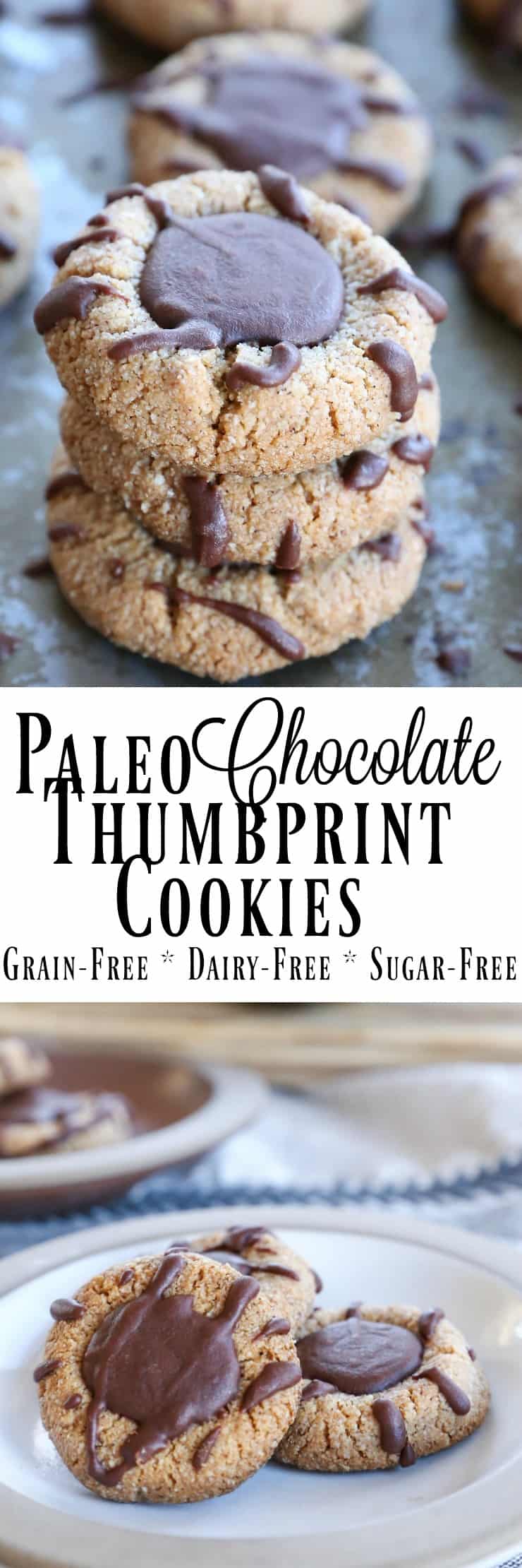 Paleo Chocolate Thumbprint Cookies - grain-free, dairy-free, naturally sweetened, made with almond flour, coconut oil, and pure maple syrup. This healthy gluten free cookie recipe is perfect for the holidays.