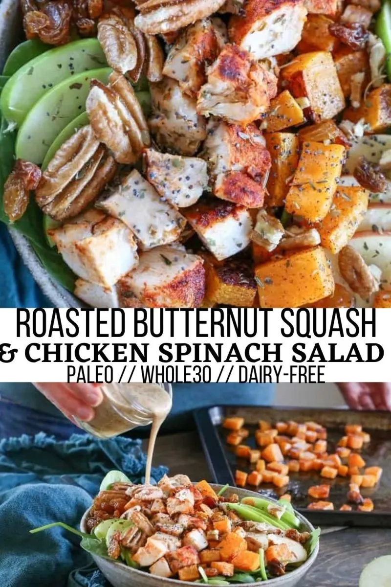 Roasted Butternut Squash & Chicken Spinach Salad with pecans, apples, raisins, and maple cider vinaigrette - a healthy, filling and delicious salad recipe
