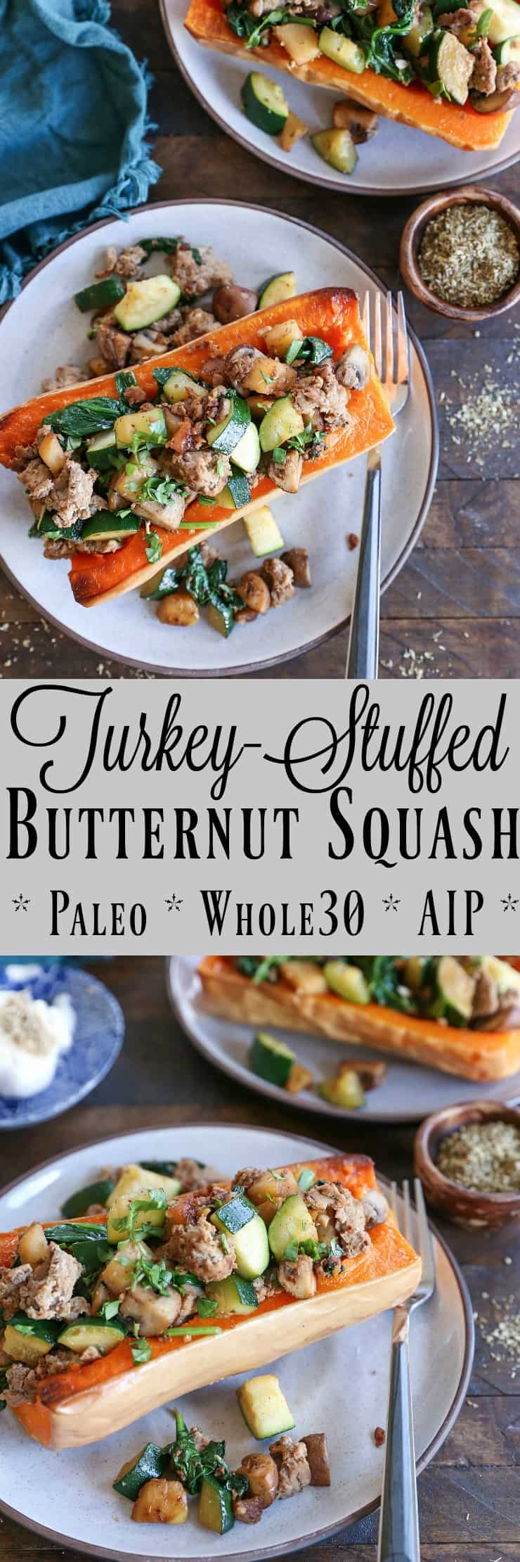 Turkey-Stuffed Butternut Squash with zucchini, mushrooms, and spinach. This healthy meal is paleo, AIP, and delicious!