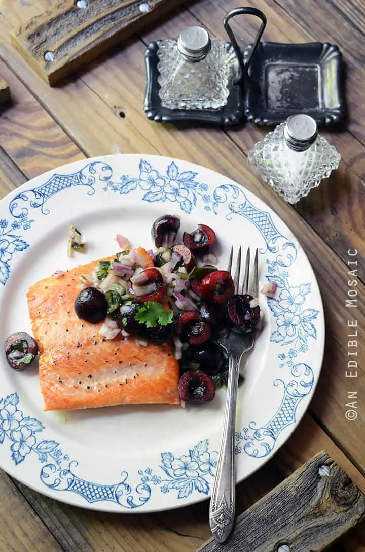 Seared Salmon with Fresh Cherry and Charred Poblano Chopped Salad - paleo, Whole30, healthy