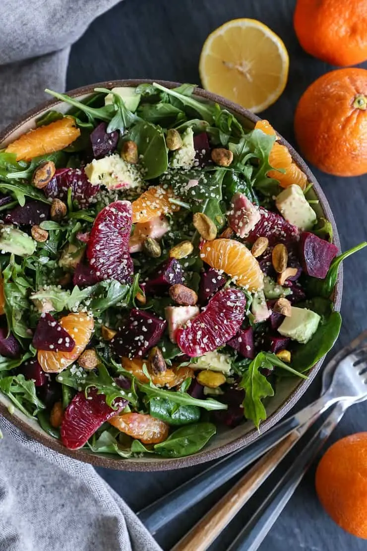 Citrus Roasted Beet Salad with avocado, pistachios, hemp seed, and lemon dressing - a vitamin-packed adventure for a clean meal #vegan #paleo #healthy