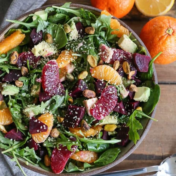 Citrus Roasted Beet Salad with avocado, pistachios, hemp seed, and lemon dressing - a vitamin-packed adventure for a clean meal #vegan #paleo #healthy