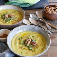 Roasted Pecan Butternut Squash Soup with coconut milk and sauteed leek - paleo, Whole30, vegan