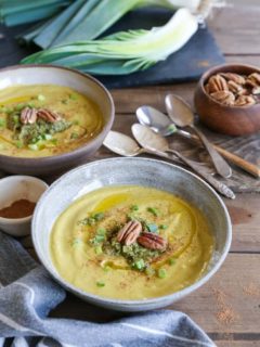 Roasted Pecan Butternut Squash Soup with coconut milk and sauteed leek - paleo, Whole30, vegan