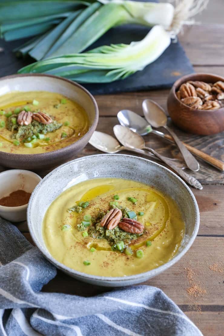 Roasted Pecan Butternut Squash Soup with coconut milk and sauteed leek - paleo, Whole30, vegan