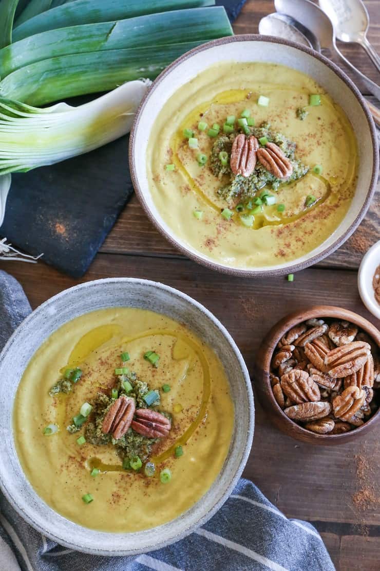 Roasted Pecan Butternut Squash Soup with coconut milk and sauteed leek - paleo, Whole30, vegan