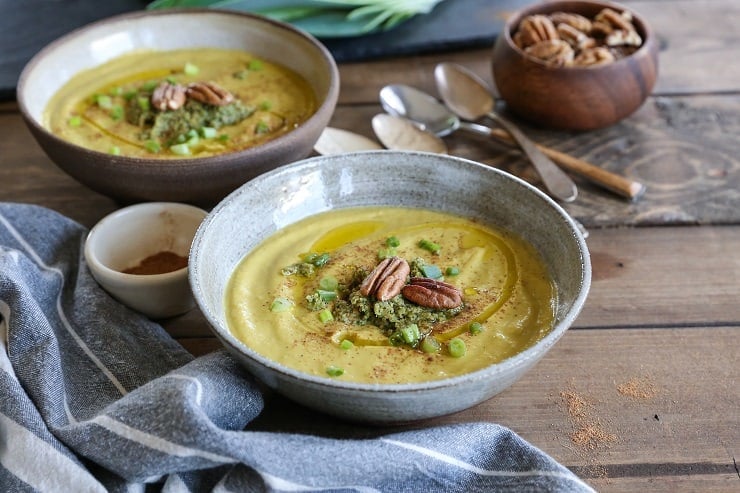 Roasted Pecan Butternut Squash Soup with coconut milk and sauteed leek - paleo, Whole30, vegan