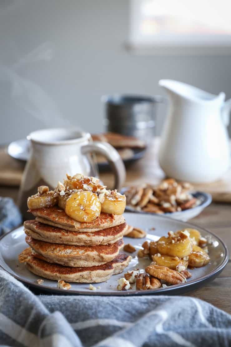 Bananas Foster Banana Pancakes - gluten-free banana pancakes made with rice flour and almond flour. This easy pancake recipe is prepared in a blender