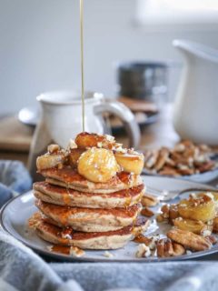 Gluten-Free Bananas Foster Banana Pancakes - an easy recipe for banana pancakes made with rice flour and almond flour.