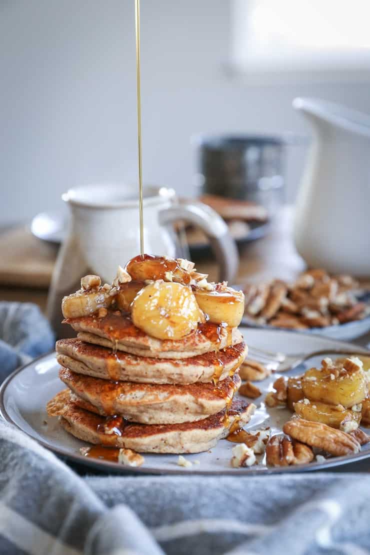 Gluten-Free Bananas Foster Banana Pancakes - an easy recipe for banana pancakes made with rice flour and almond flour.