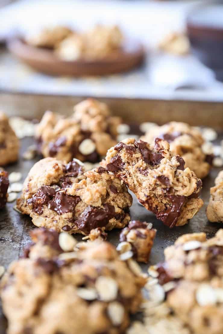 Gluten-Free Oatmeal Chocolate Chip Cookies (with a white chocolate macadamia nut option) - this healthy cookie recipe is refined sugar free