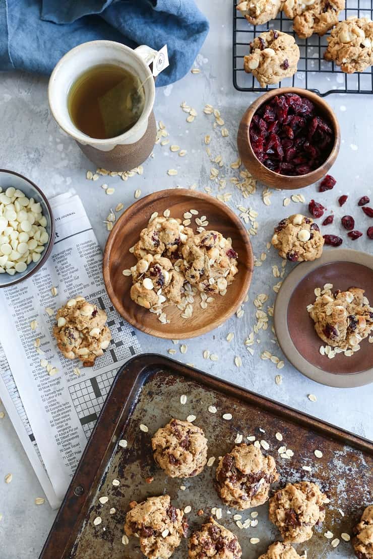 Gluten-Free Oatmeal Cookies Two Ways - a chocolate chip version and a white chocolate macadamia nut version. Refined sugar-free and healthy!