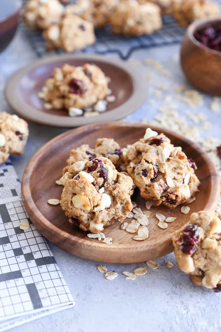 Gluten-Free Oatmeal Cookies with white chocolate chips, dried cranberries, and macadamia nuts - these cookies are refined sugar-free and healthy