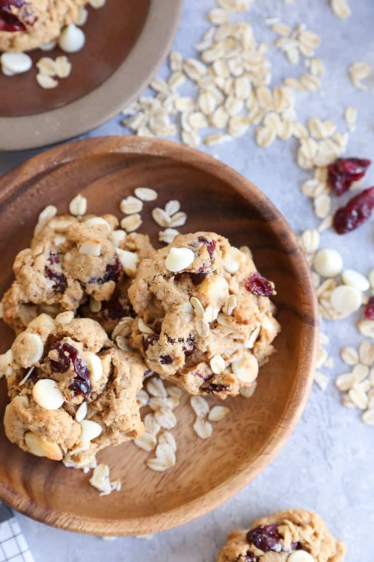 Gluten-Free Oatmeal Cookies with white chocolate chips, dried cranberries, and macadamia nuts