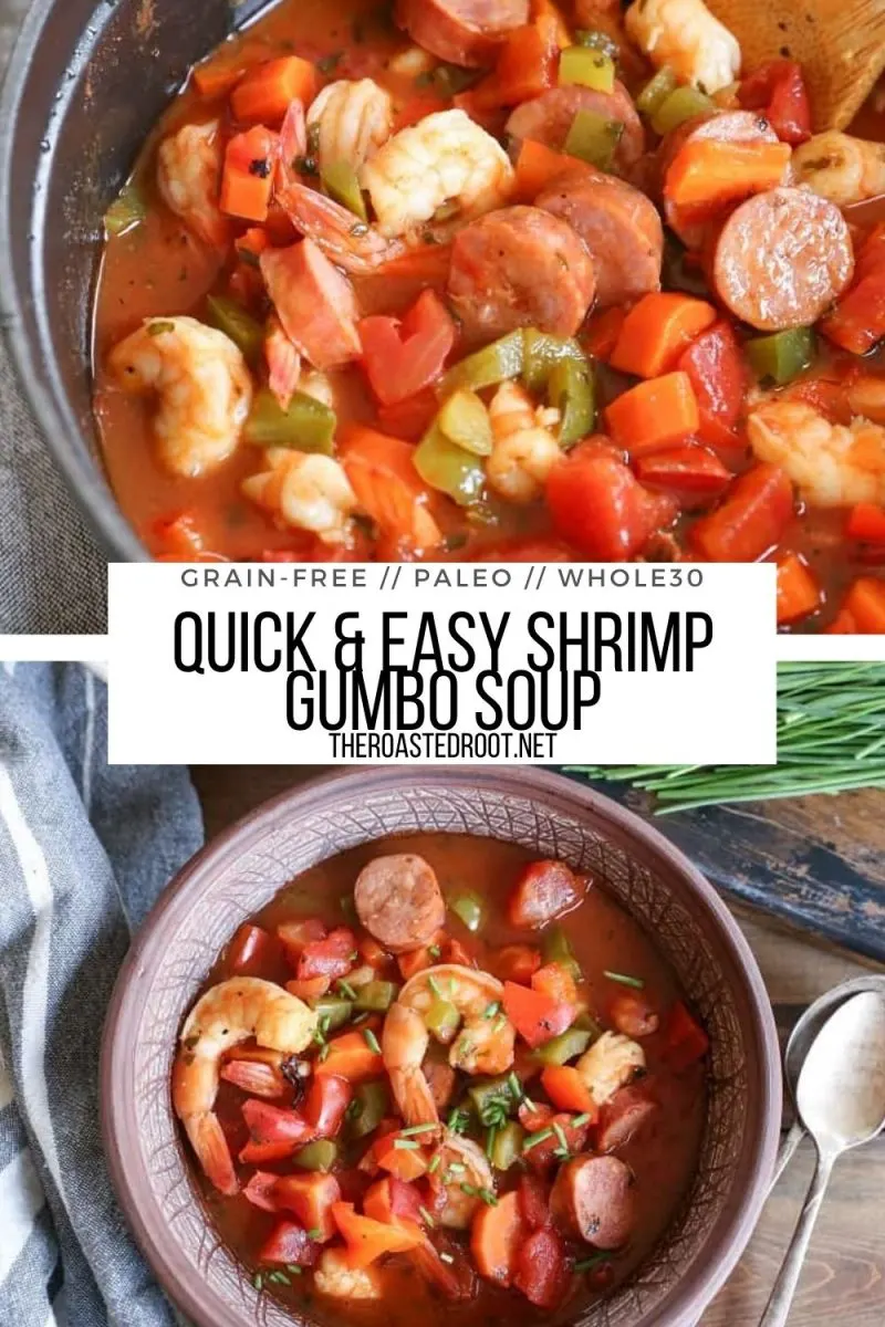 Paleo Shrimp Gumbo Soup made grain-free and dairy-free. A quick and easy healthy soup recipe!