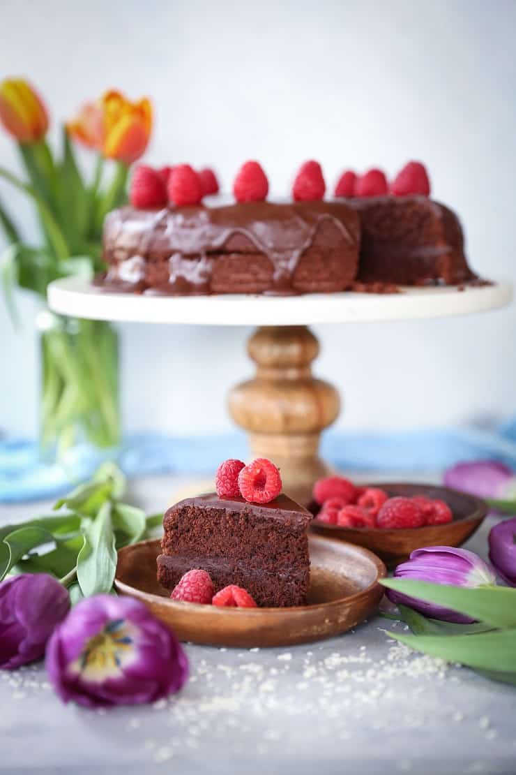 Paleo Chocolate Cake made with almond flour, pure maple syrup, and coconut oil. This easy cake is made in a blender!