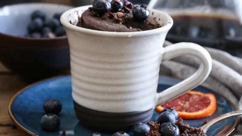 Paleo Chocolate Mug Cake - a 5-minute, healthy chocoalte cake recipe scaled down for one person. Grain-free, refined sugar-free, and dairy-free!