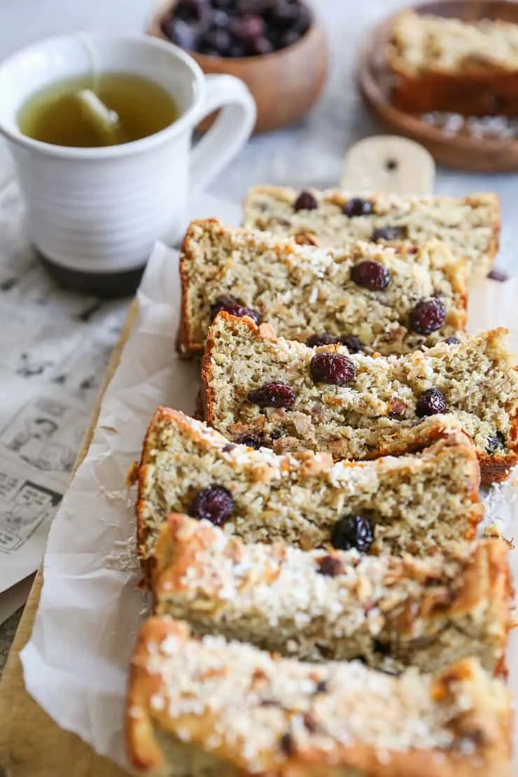Paleo Cranberry Orange Bread made with almond flour and coconut oil. This healthy snack or breakfast recipe comes together quickly in your blender