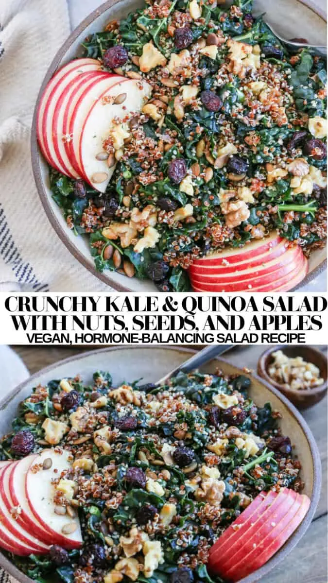 Crunchy Kale and Quinoa Salad with apples, walnuts, pumpkin seeds, and dried cranberries. A healthy hormone-balancing vegan salad recipe