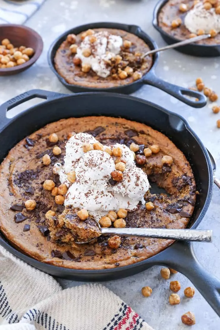 Almond Butter Chocolate Chip Chickpea Skillet Cookie - a gluten-free, healthy take on the classic skillet cookie made with chickpeas, almond butter, and pure maple syrup