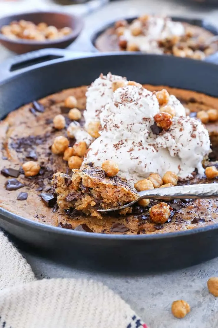 Chocolate Chip Almond Butter Chickpea Skillet Cookie - made with chickpeas, pure maple syrup, and almond butter for a healthy and delicious gluten-free dessert