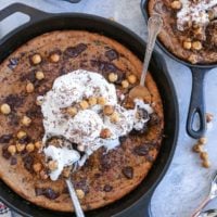 Almond Butter Chocolate Chip Skillet Cookie made with chickpeas, pure maple syrup, and almond butter for a healthier treat