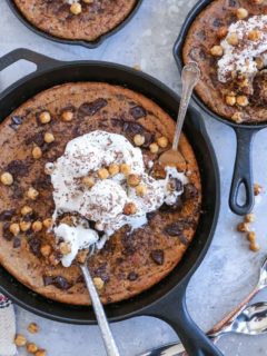 Almond Butter Chocolate Chip Skillet Cookie made with chickpeas, pure maple syrup, and almond butter for a healthier treat