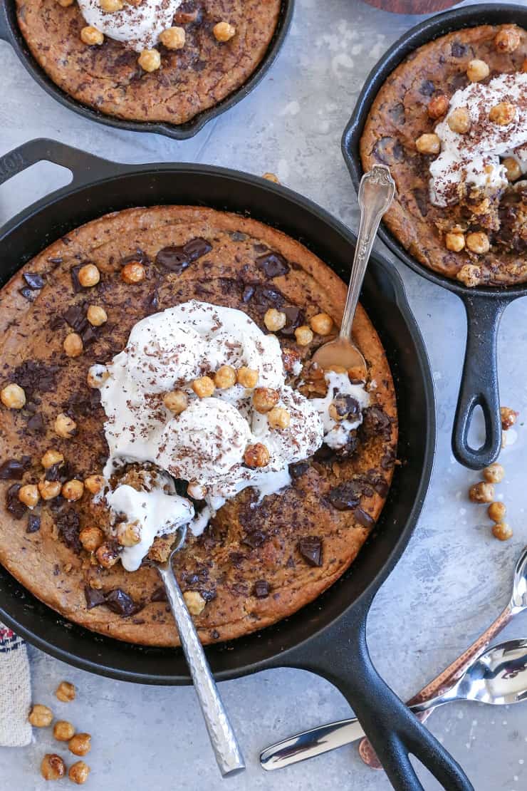 Almond Butter Chocolate Chip Skillet Cookie made with chickpeas, pure maple syrup, and almond butter for a healthier treat