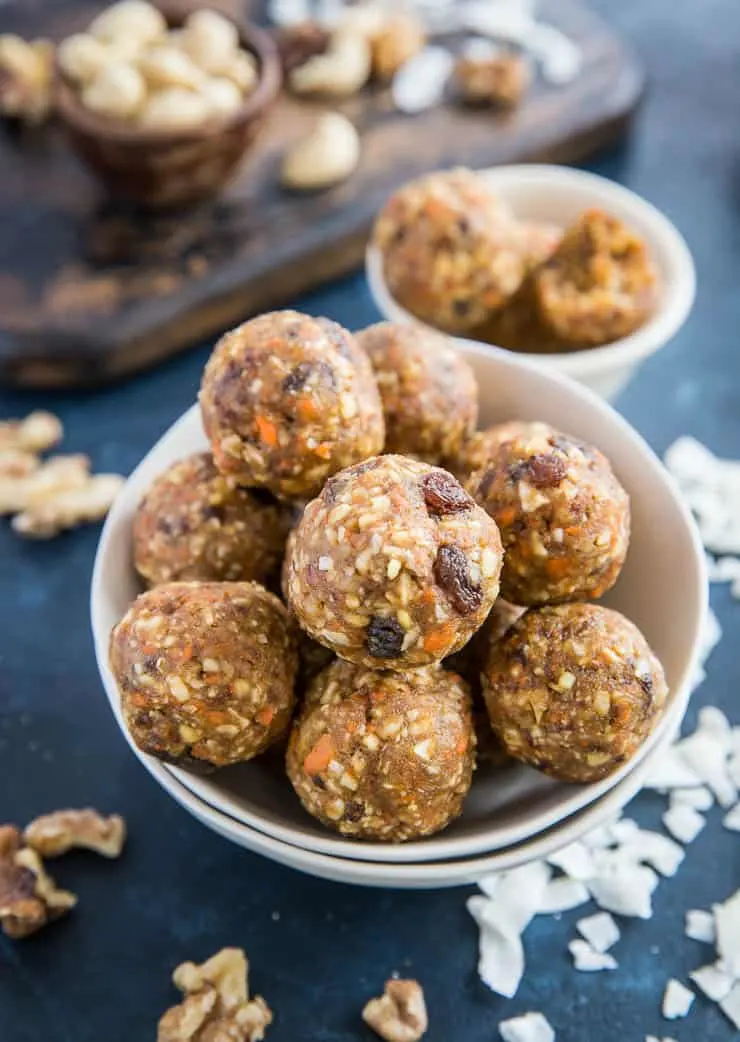 Carrot Cake Fat Balls - a healthy paleo snack recipe made with nuts, seeds, dates, and carrot cake ingredients for a flavorful, delicious treat